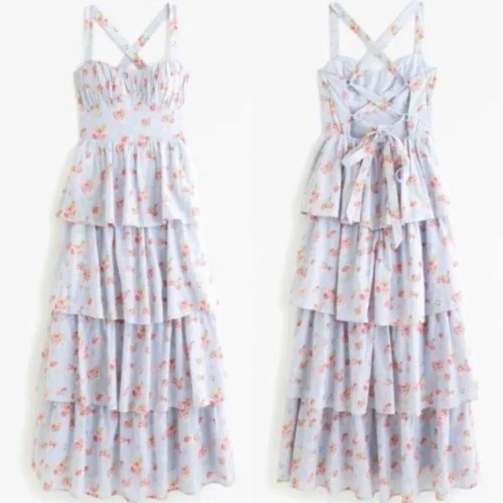 Abercrombie & Fitch Light Blue Floral Tiered Maxi Dress